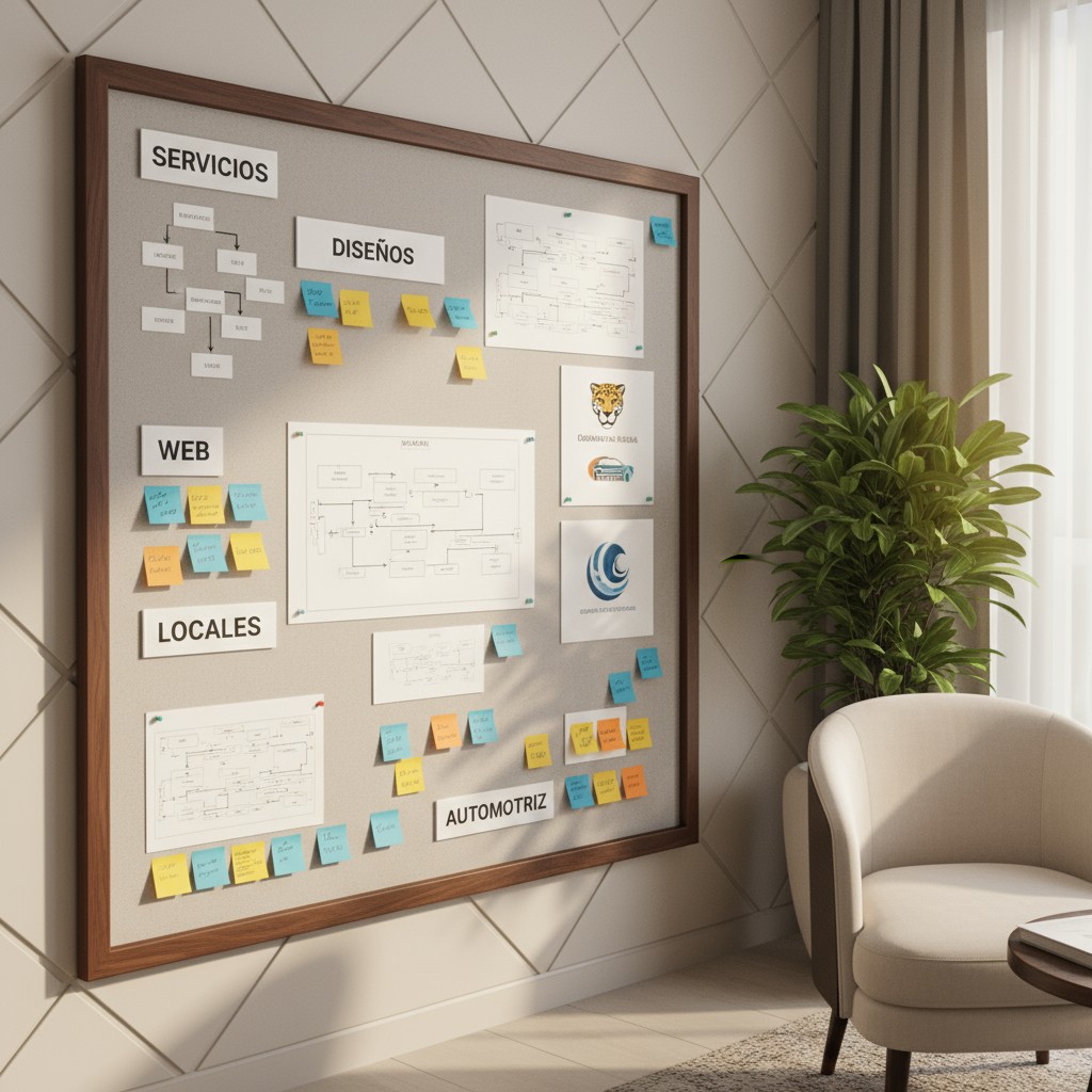 A bulletin board displaying enterprise diagrams, lined with post-it notes filled with graphs, sits against a chevron-patte...