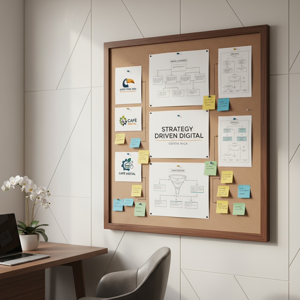 A corkboard with various papers and sticky notes, possibly for strategy planning or organizational purposes.