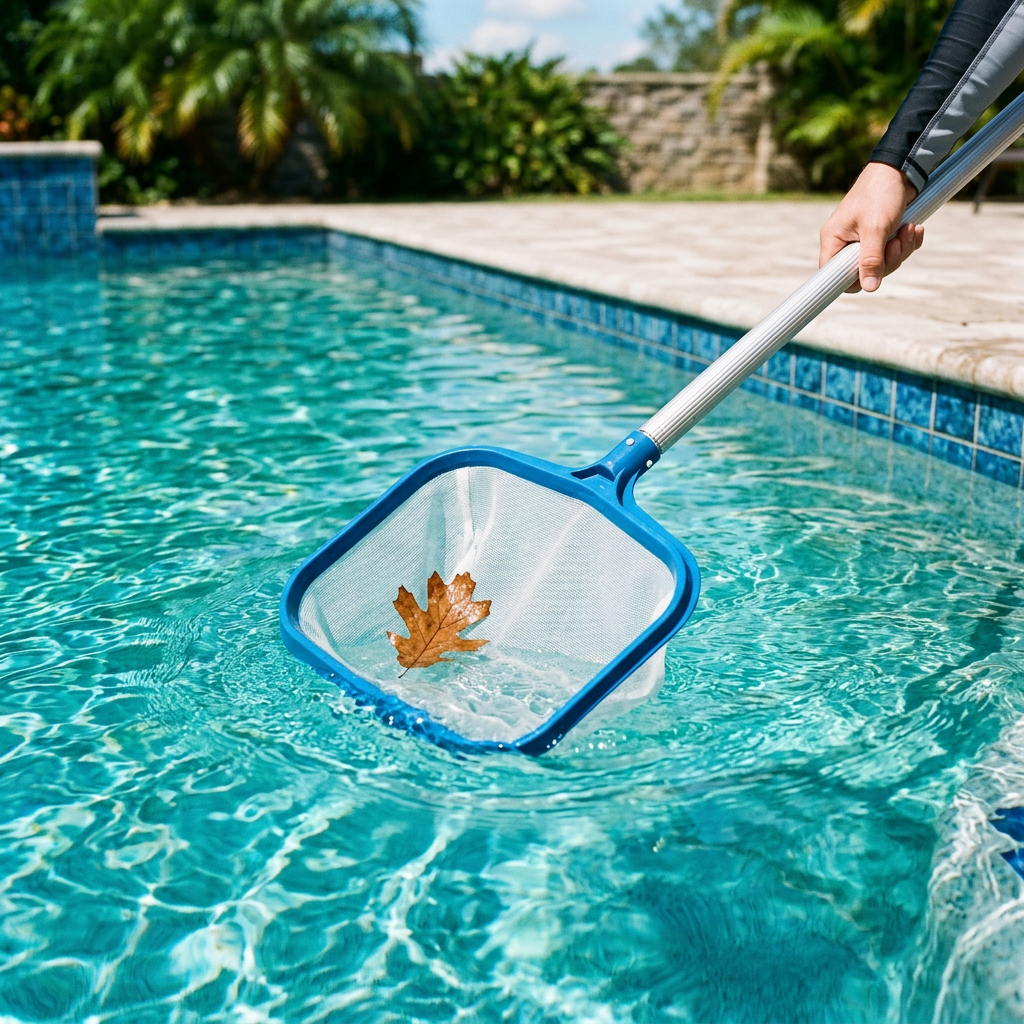 Blue pool skimmer net holding a brown leaf in clear swimming pool water
